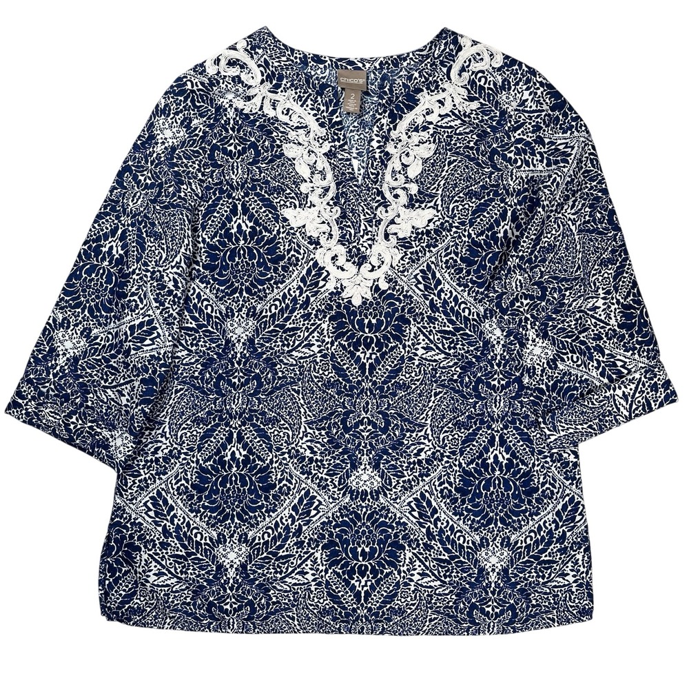 New Chico's Blue White Embroidered Cotton Linen Tunic Popover Top Size Large NWT